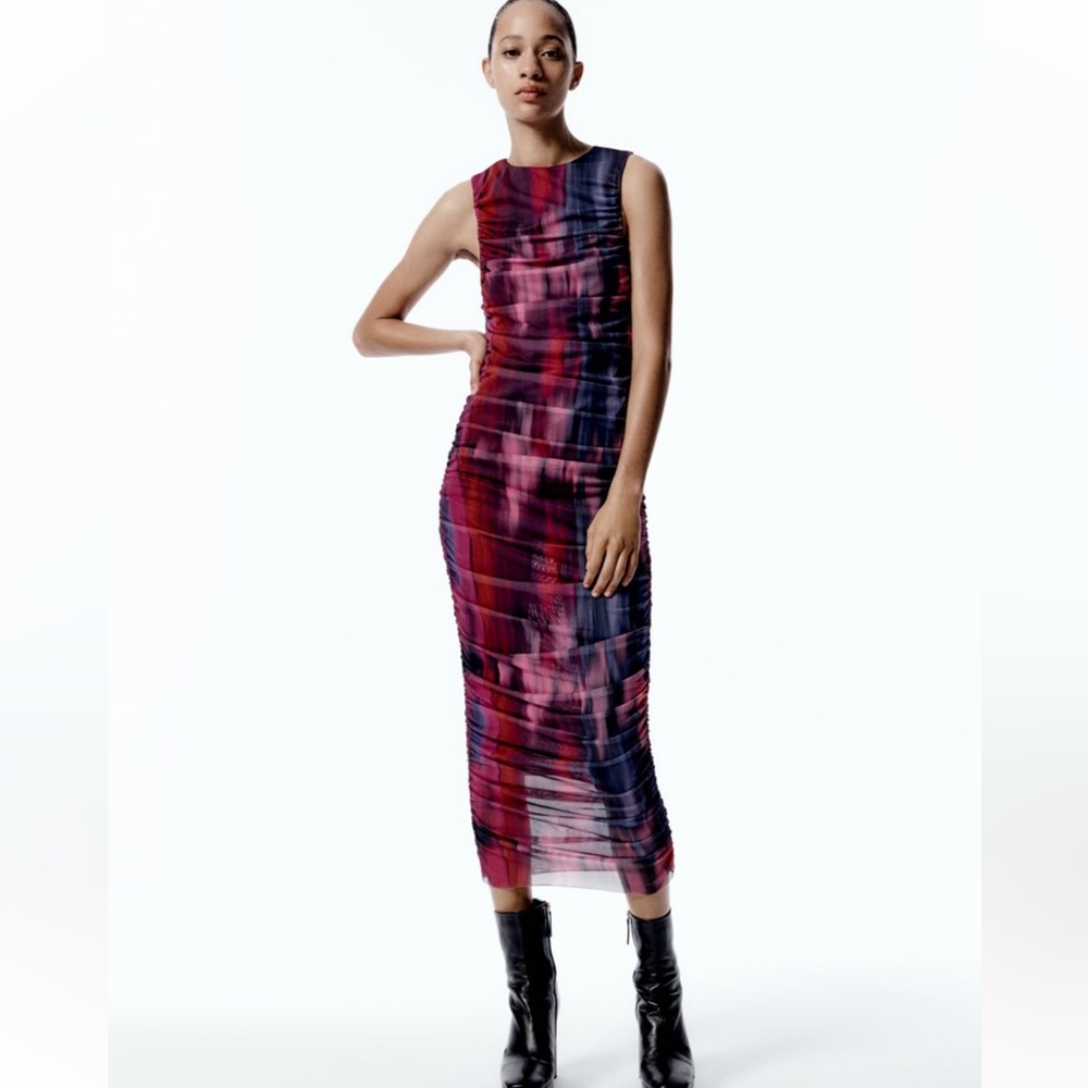 ZARA PRINTED RUCHED TULLE DRESS